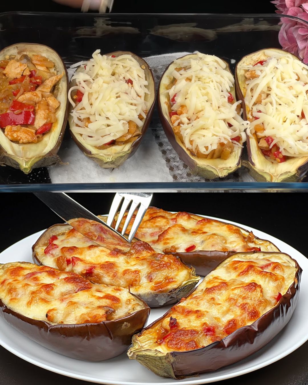 Eggplant Bake with Chicken, Mushrooms, and Cheese