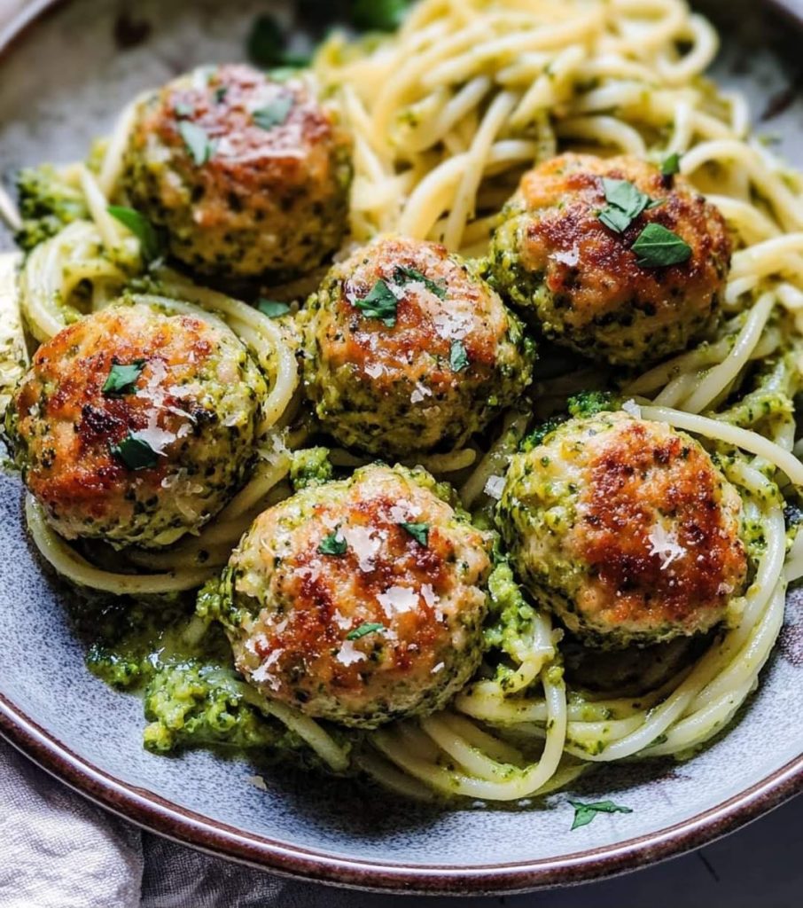 Healthy Baked Chicken Meatballs with Broccoli Pesto Pasta