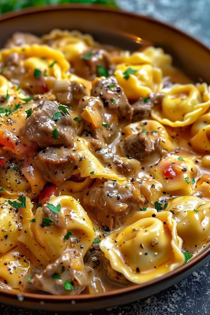 Cheesesteak Tortellini in Rich Provolone Sauce