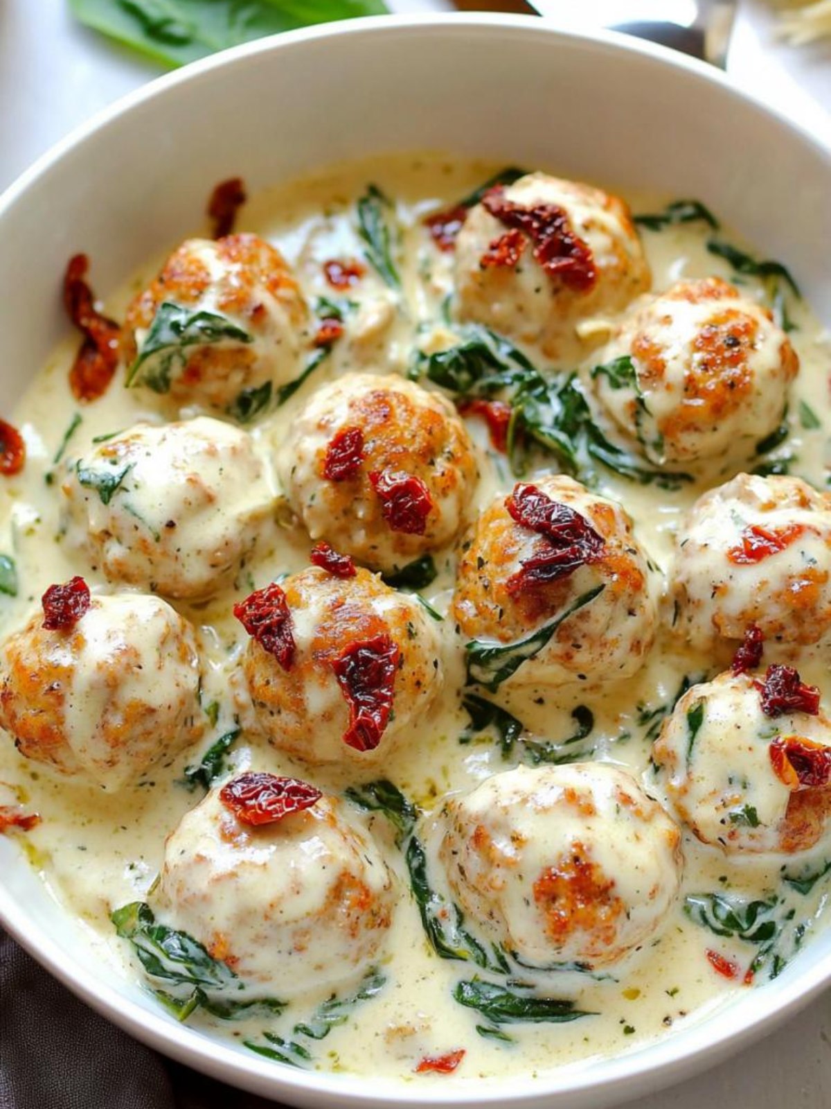 Baked Chicken Ricotta Meatballs with Spinach Alfredo Sauce