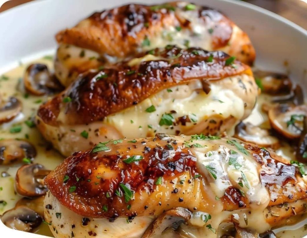 Cheesy Garlic Butter Mushroom Stuffed Chicken Recipe