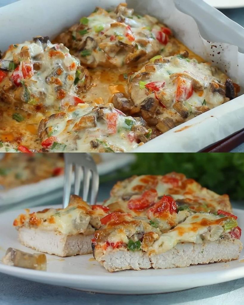 Creamy Baked Pork Loin with Mushrooms, Tomatoes, and Mozzarella